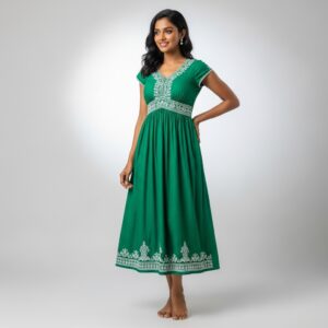 Balloon Sleeve Cotton Green Dress