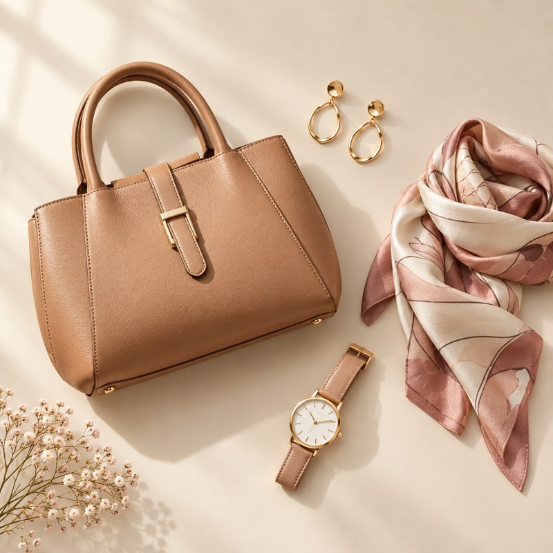 Handbag, watch, silk scarf and earrings
