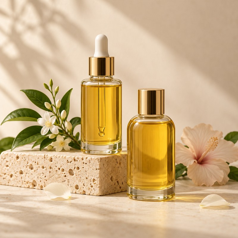 Golden hair oils in glass bottles