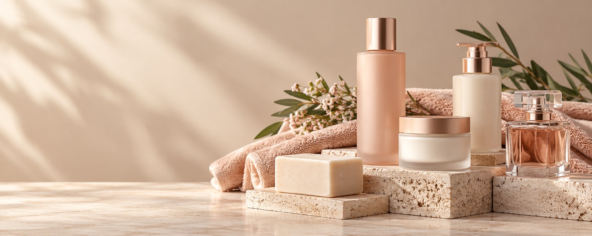 Skincare, soap and fragrance arranged on warm stone plinths