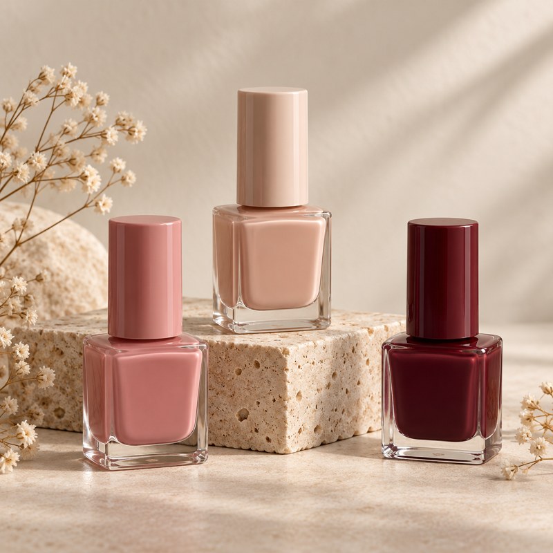 Nail polish in rose, nude and burgundy