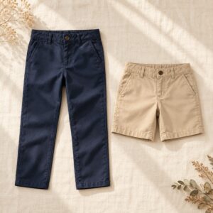 Navy trousers and beige shorts for boys on linen