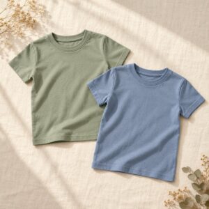 Sage and blue boys’ T-shirts on linen