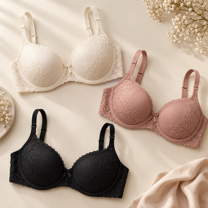 Everyday bras in ivory, rose and black