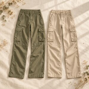 Sage and neutral cargo pants on ivory linen