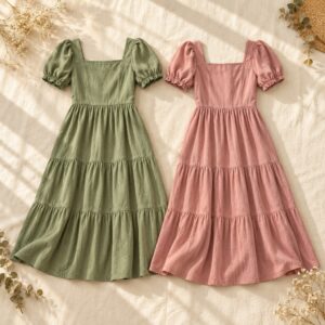 Women’s casual frocks arranged on warm ivory linen