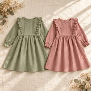 Sage and rose girls’ frocks on linen