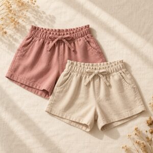 Rose and cream girls’ shorts on linen