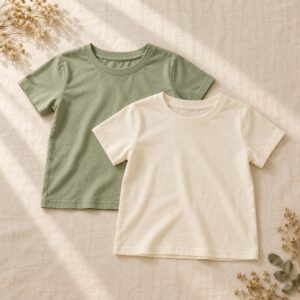 Sage and ivory girls’ T-shirts on linen