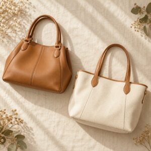 Tan and ivory handbags on linen