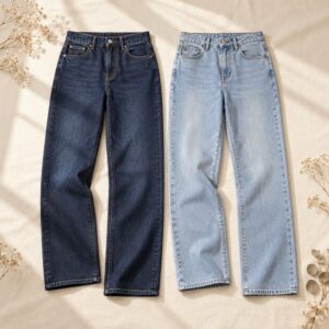 Blue denim jeans arranged on ivory linen