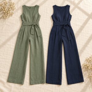 Women’s jumpsuits arranged on ivory linen