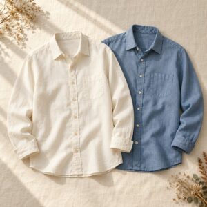 Ivory and blue men’s shirts on linen