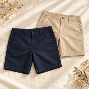 Navy and beige men’s shorts on linen