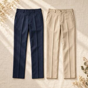 Navy and beige men’s trousers on linen