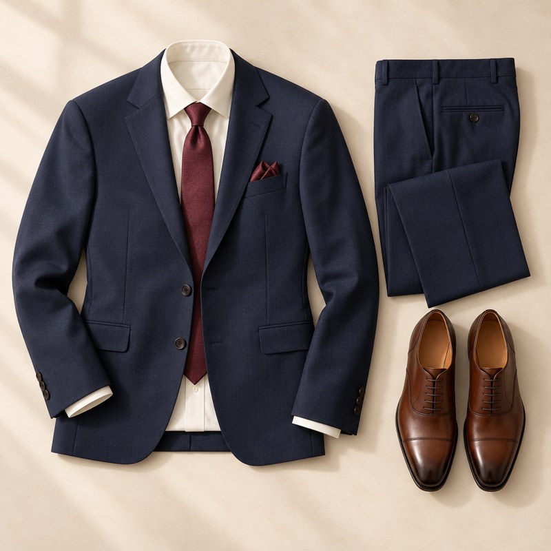 Navy formal suit with shirt, tie and brown dress shoes