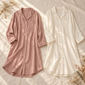 Women’s nightshirts arranged on ivory linen