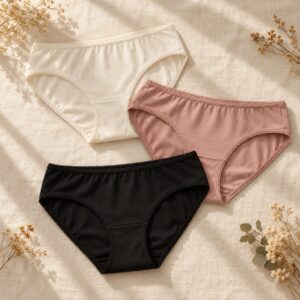 Women’s underwear arranged on ivory linen