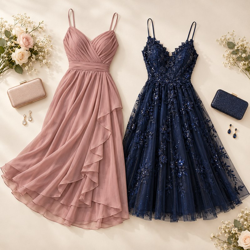 Elegant rose and navy party dresses