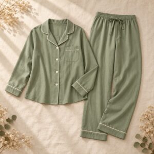 Soft pyjama sets arranged on ivory linen