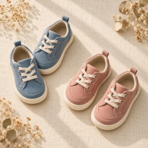 Blue and rose children’s sneakers on linen