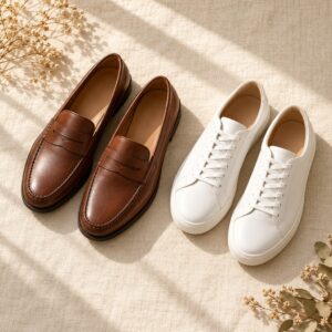 Brown men’s loafers and white sneakers on linen