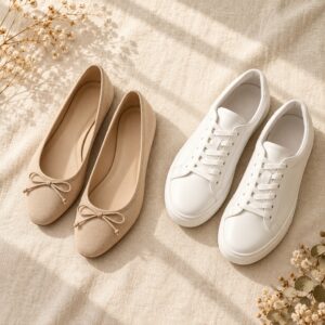Beige women’s flats and white sneakers on linen