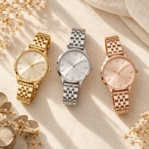 Gold, silver and rose gold watches on linen